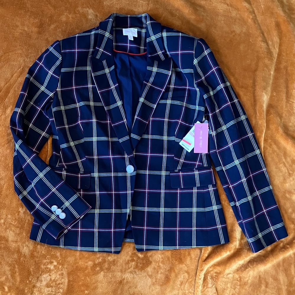 NWT Size 10 Riley & Rae Navy Plaid Blazer red yellow buttons lightly padded shou